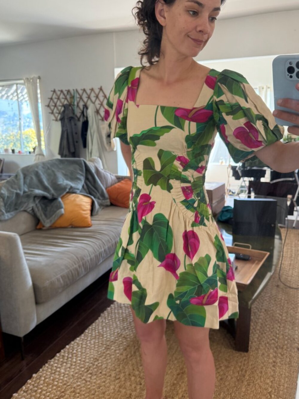 Farm Rio - Sand Anthurium Leaves Mini Dress - Size S